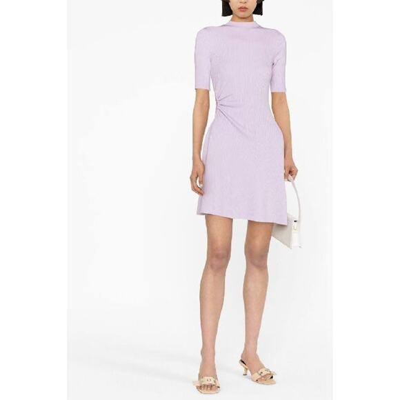 Maje Reine Dress Rib Knit Short Sleeve Mock Neck Fit and Flare Mini Light Purple - Picture 6 of 14